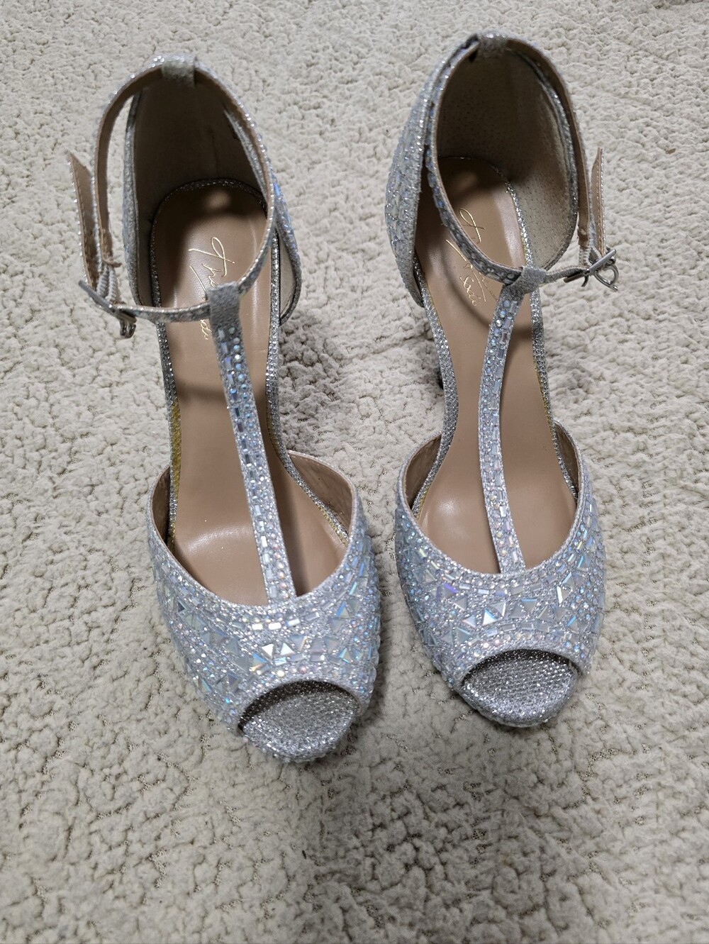 Sparkling Silver T-Strap Peep Toe Heels